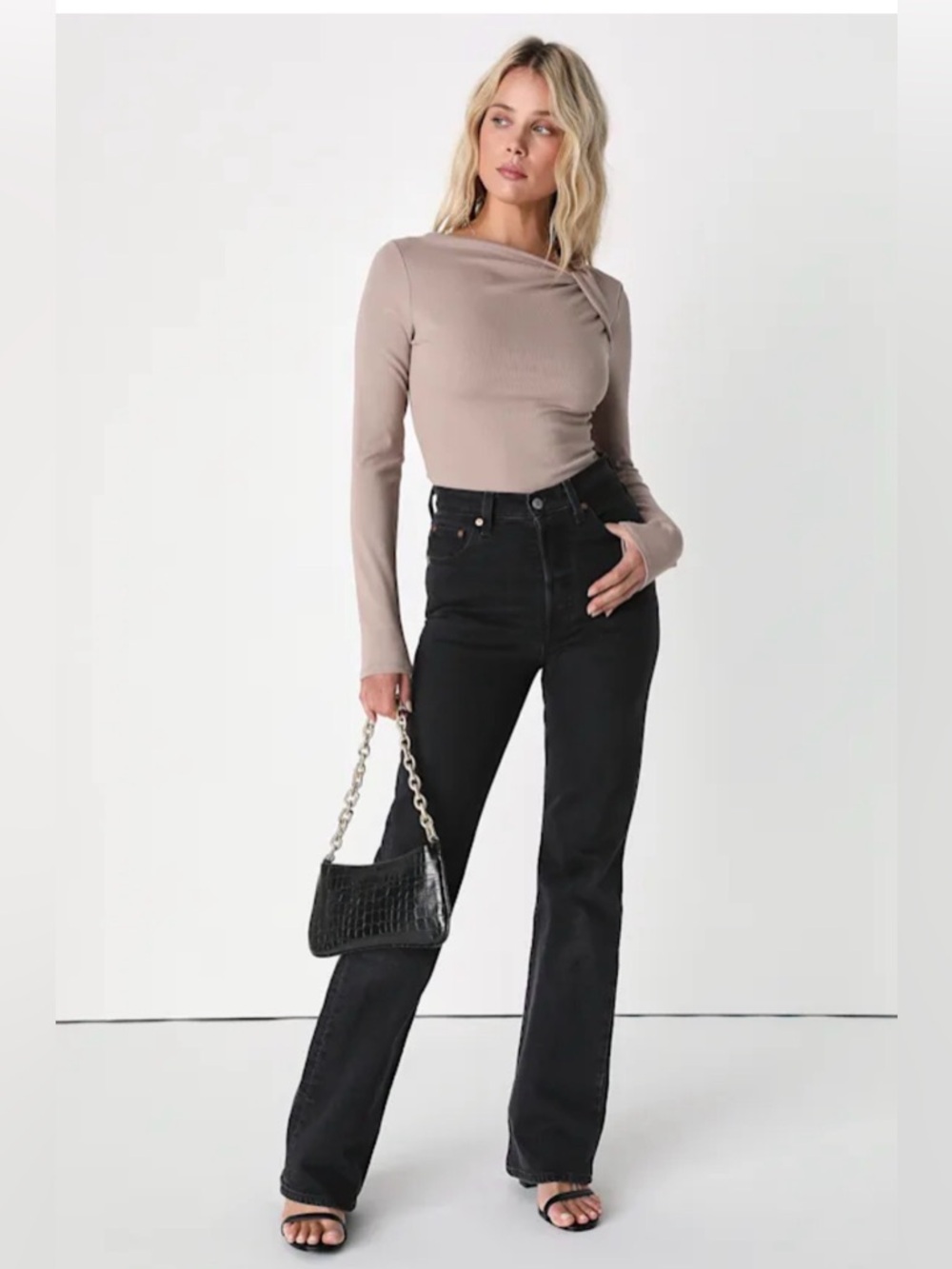 Lulus Always My Best Taupe Ribbed Asymmetrical Long Sleeve Bodysuit Med - Picture 2 of 5